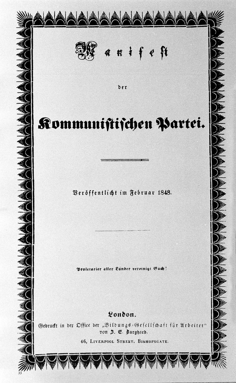 Omslag til kommunistpartiets manifest av Karl Marx og Friedrich Engels, første utgave, London 1848 (30 sider). "Proletarer i alle land forener deg" av Unknown artist