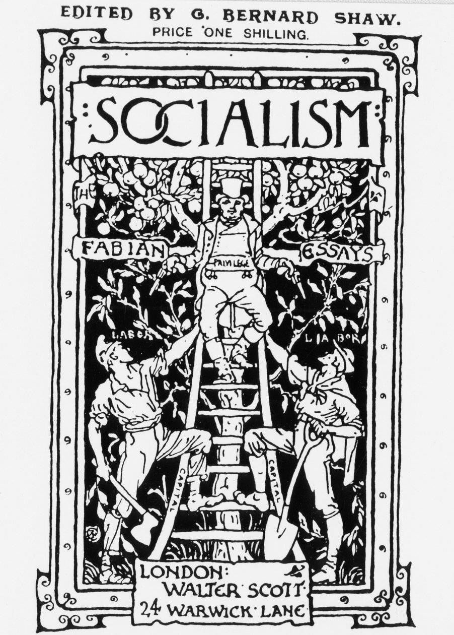 Forside til Fabian Society-magasinet "Socialism", redigert av GB Shaw. Allegorien representerer privilegiet på toppen av skalaen som symboliserer kapital og overvåking av arbeidere med to våpen. Gravering. av Unknown artist