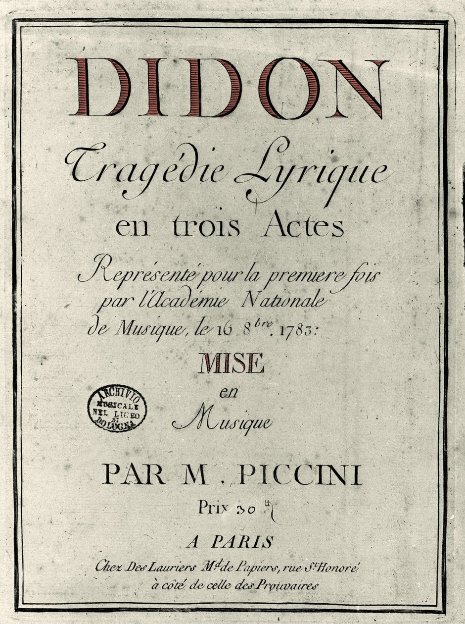 Omslag til librettoen til operaen "" Didon"" av komponisten Niccolo Vito Piccini (eller Piccini) (1728-1800). 1783 av Unknown artist