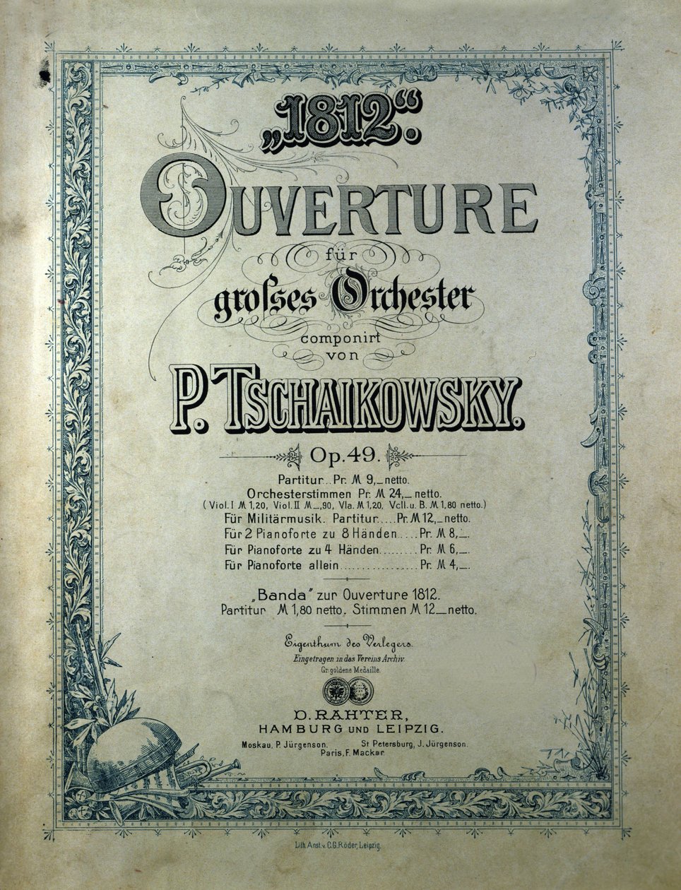 Omslag til åpningspartituret "" Året 1812""" opus 49 av Piotr eller Petr Iljitsj Tsjaikovskij (eller Tsjaikovskij eller Ciajkovskij eller Tsjaikowskij av Unknown artist