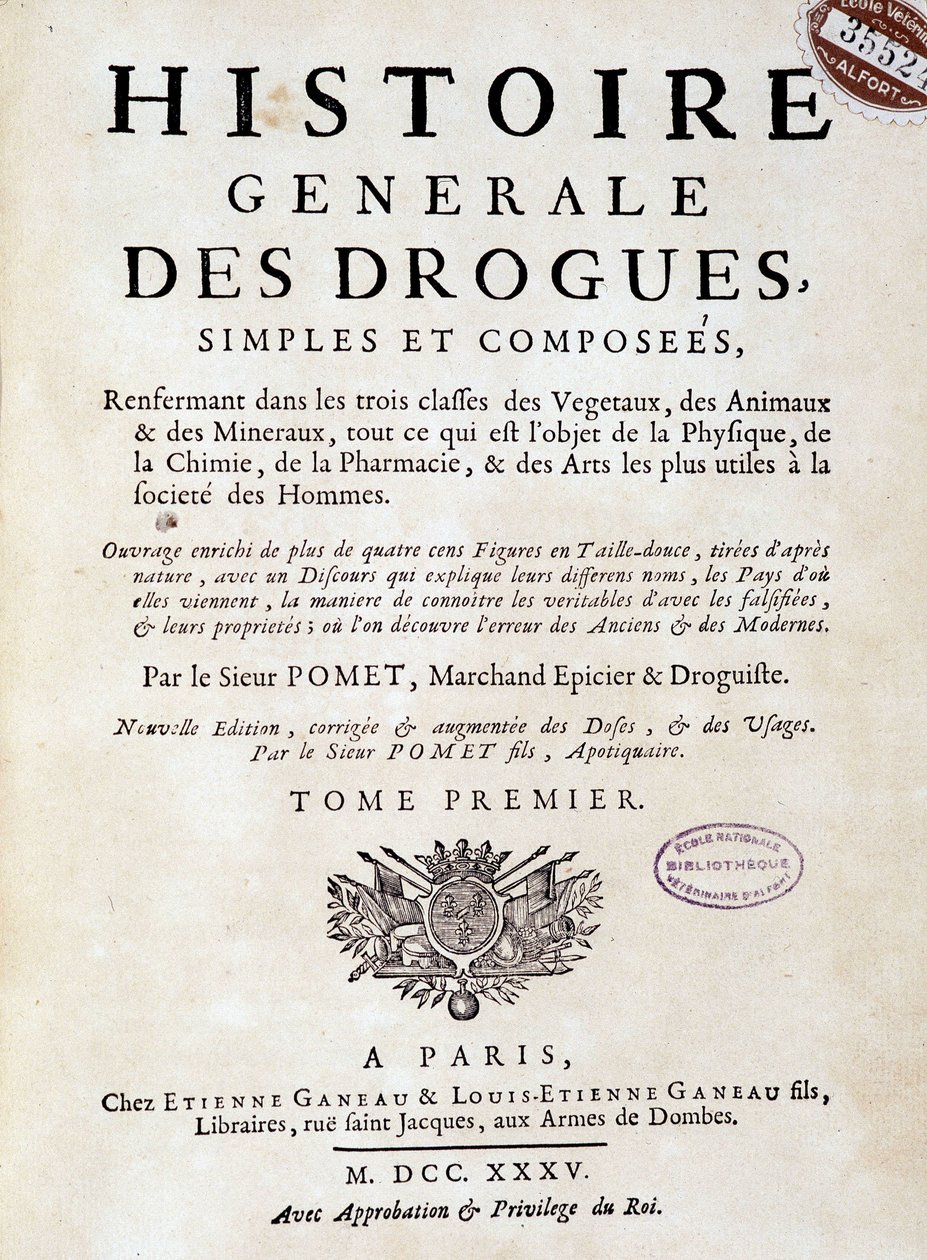Forside til "General History of Drugs, Single and Composed" av Pomet av Unknown artist