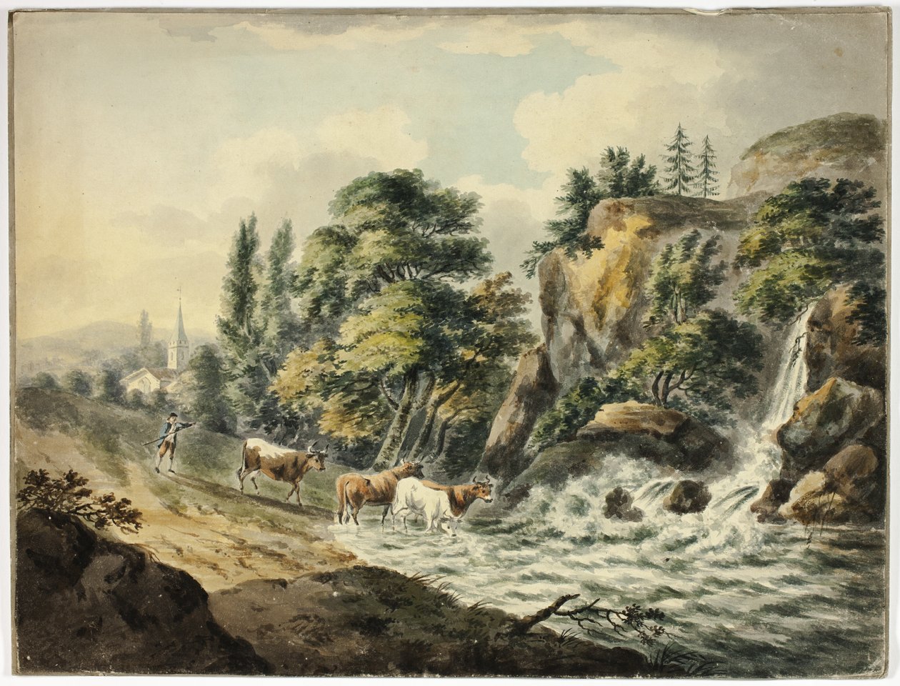 Kuflokk drevet til elven av Unknown artist
