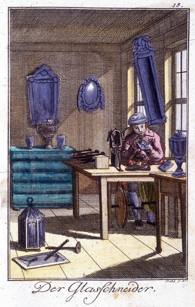 Håndverk: krystallmakeren i verkstedet hans. I "" Omfattende beskrivelse av kunst og håndverk og verksteder for ungdom"" av Johan Peter Vue. Ed. Nürnberg, Weigel og Schneider av Unknown artist