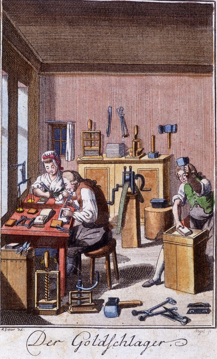 Håndverk: gulltrommeslageren i verkstedet hans. I "" Omfattende beskrivelse av kunst og håndverk og verksteder for ungdom"" av Johan Peter Vue. Ed. Nürnberg, Weigel og Schneider av Unknown artist