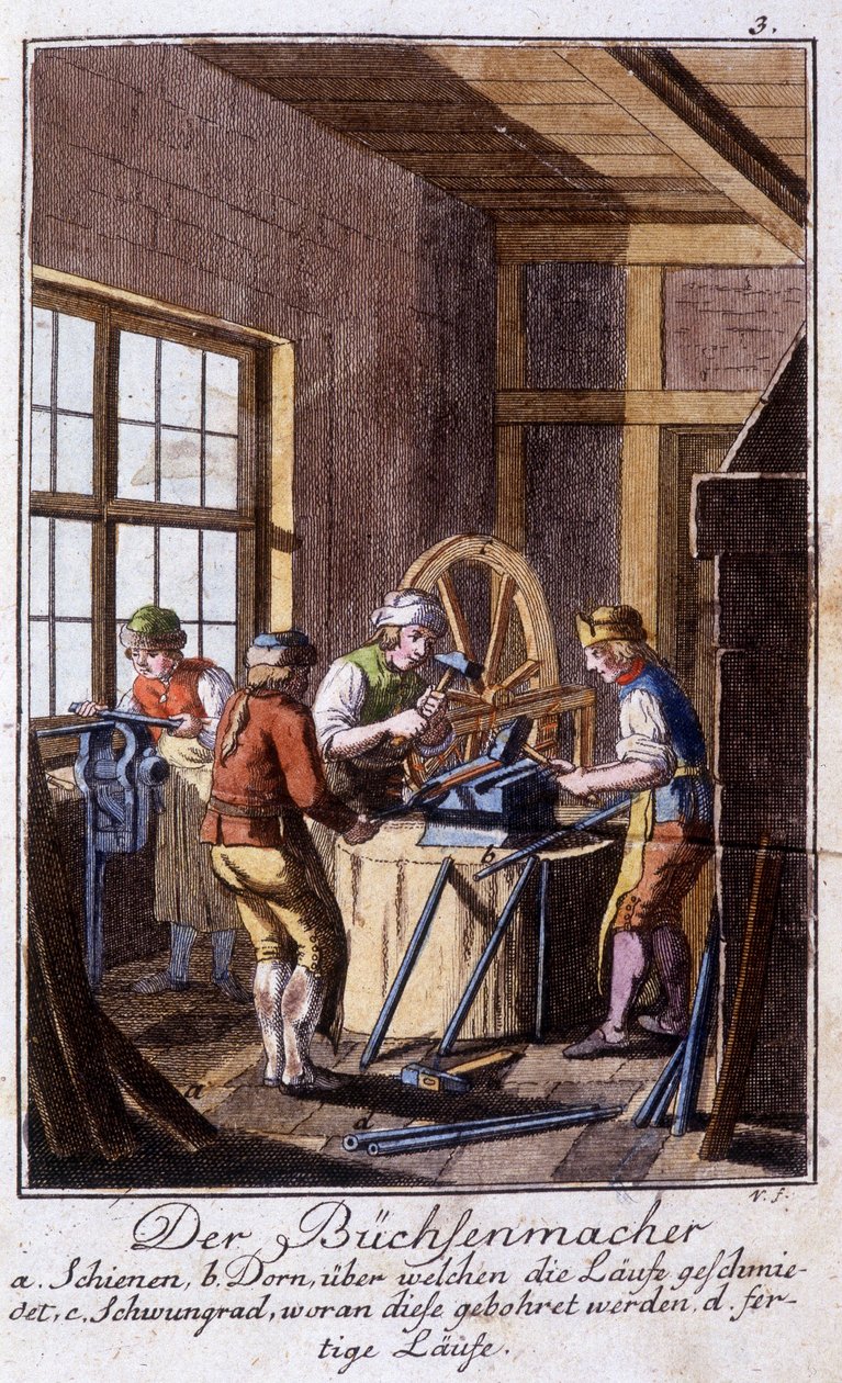 Håndverk: Harquebuseren i verkstedet hans. I "" Omfattende beskrivelse av kunst og håndverk og verksteder for ungdom"" av Johan Peter Vue. Ed. Nürnberg, Weigel og Schneider av Unknown artist