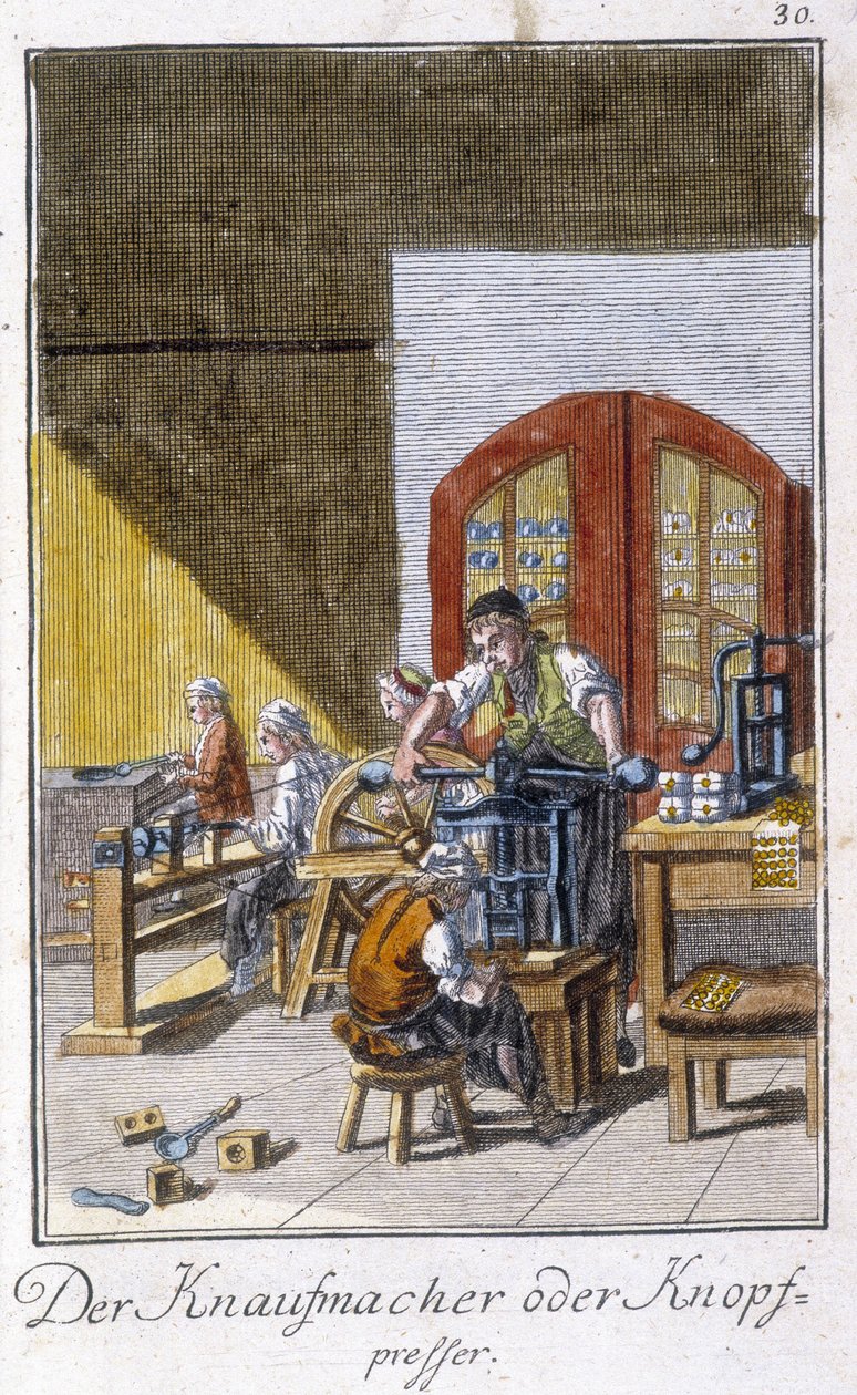 Håndverk: produsenten av knapper i verkstedet hans. I "" Omfattende beskrivelse av kunst og håndverk og verksteder for ungdom"" av Johan Peter Vue. Ed. Nürnberg, Weigel og Schneider av Unknown artist