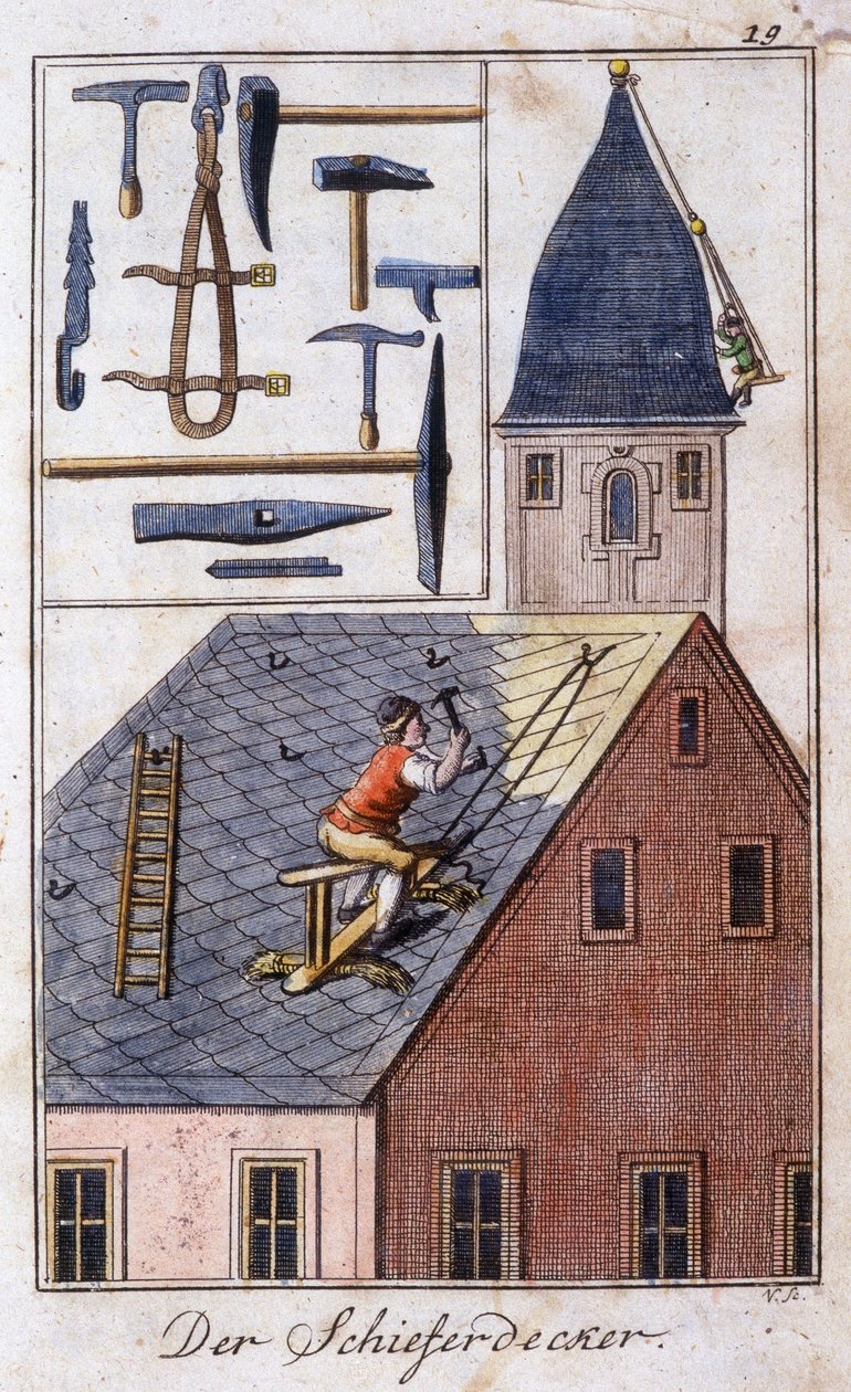 Håndverk: skifertakeren og dens arbeidsverktøy. I "" Omfattende beskrivelse av kunst og håndverk og verksteder for ungdom"" av Johan Peter Vue. Ed. Nürnberg, Weigel og Schneider av Unknown artist