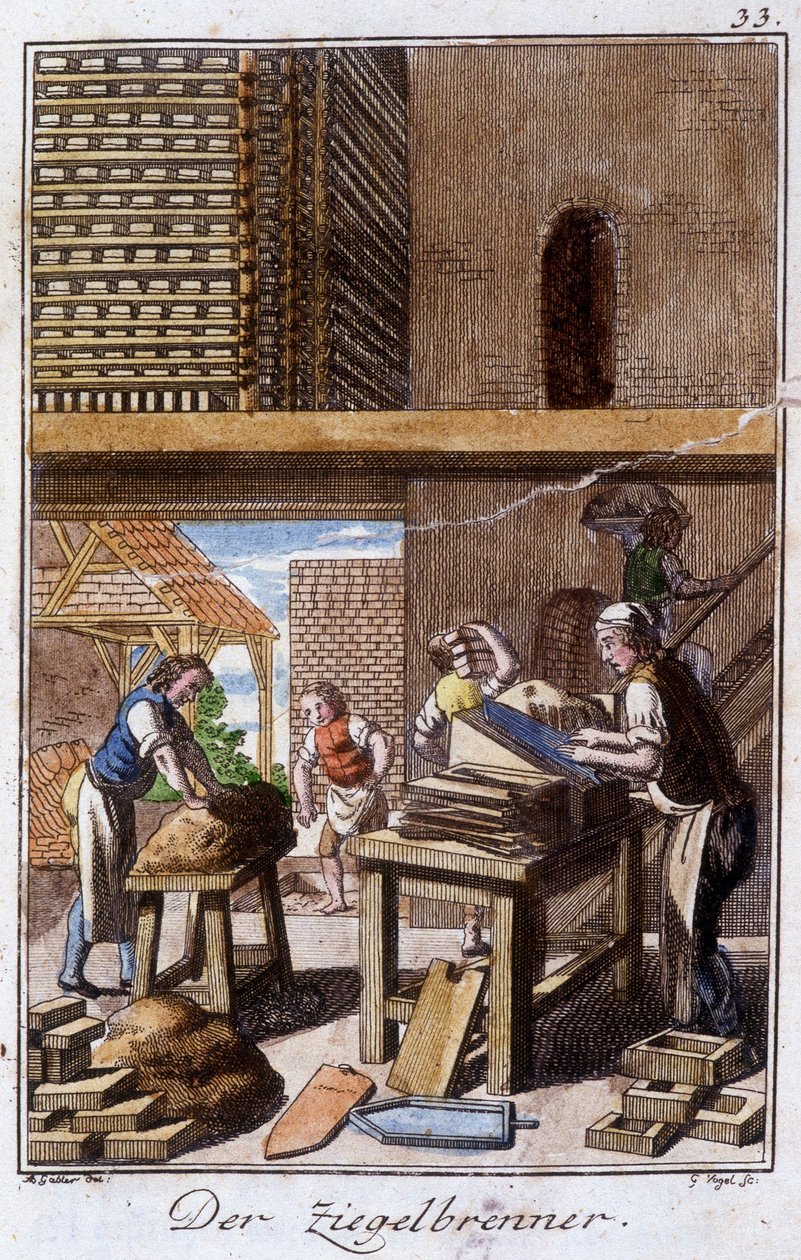 Håndverk: flis- eller mursteinsmakeren i verkstedet hans. I "" Omfattende beskrivelse av kunst og håndverk og verksteder for ungdom"" av Johan Peter Vue. Ed. Nürnberg, Weigel og Schneider av Unknown artist