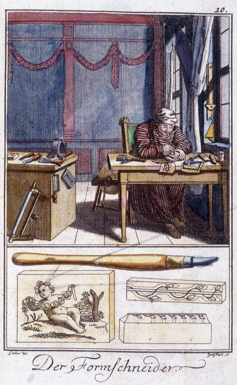 Håndverk: trebearbeidingsgravøren (og arbeidsverktøyene hans) i verkstedet hans. I "" Omfattende beskrivelse av kunst og håndverk og verksteder for ungdom"" av Johan Peter Vue. Ed. Nürnberg, Weigel og Schneider av Unknown artist