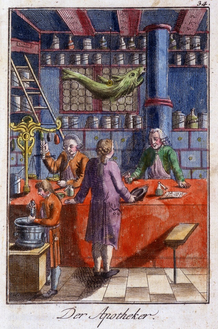 Håndverk: apotekeren (farmasøyten) i verkstedet hans. I “” Omfattende beskrivelse av kunst og håndverk og verksteder for ungdom”” av Johan Peter Vire. Ed. Nürnberg, Weigel og Schneider av Unknown artist