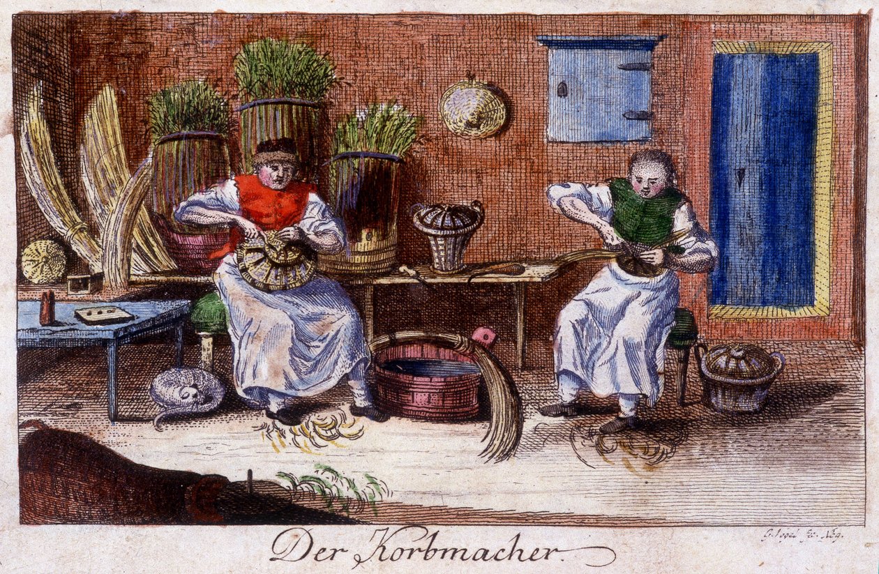 Håndverk: kurvmakeren på verkstedet sitt. I "" Omfattende beskrivelse av kunst og håndverk og verksteder for ungdom"" av Johan Peter Vue. Ed. Nürnberg, Weigel og Schneider av Unknown artist