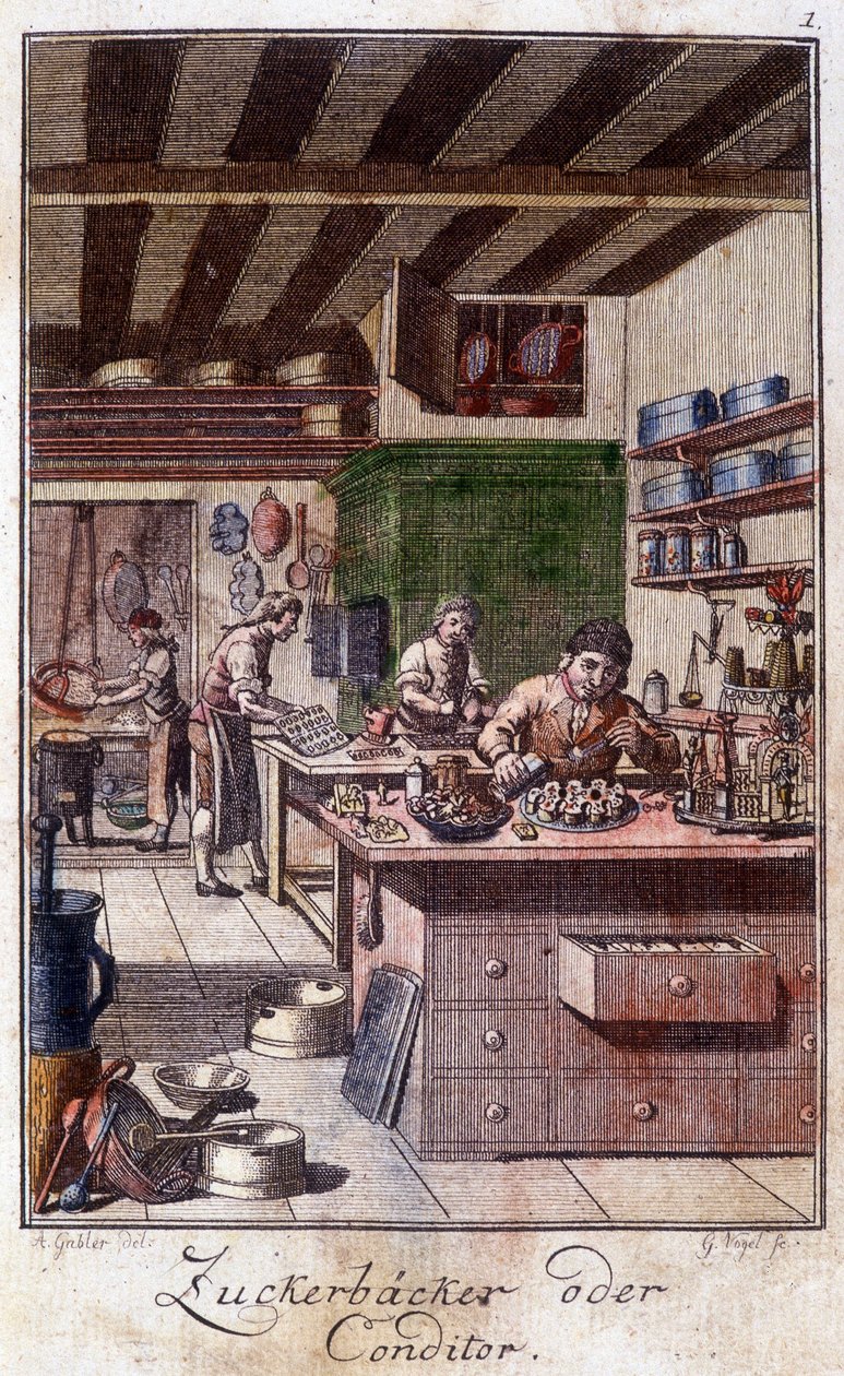 Håndverk: konditoren i verkstedet sitt. I "" Omfattende beskrivelse av kunst og håndverk og verksteder for ungdom"" av Johan Peter Vue. Ed. Nürnberg, Weigel og Schneider av Unknown artist