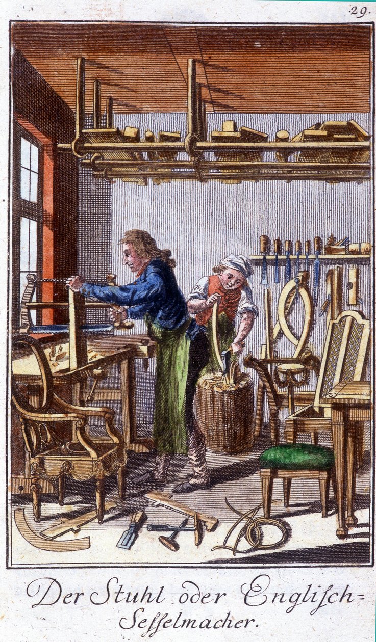 Håndverk: produsenten av stoler i verkstedet hans. I "" Omfattende beskrivelse av kunst og håndverk og verksteder for ungdom"" av Johan Peter Vue. Ed. Nürnberg, Weigel og Schneider av Unknown artist