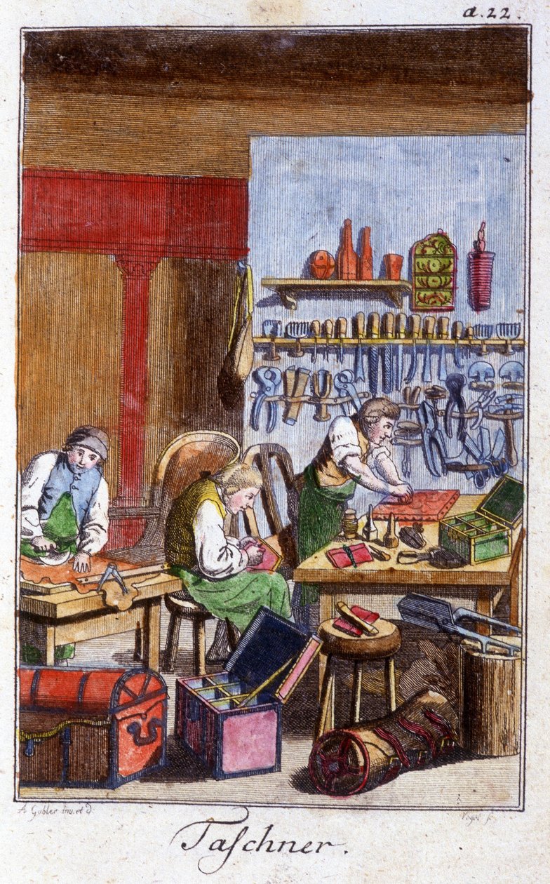 Håndverk: pochetieren og gibecieren i verkstedet deres. I "" Omfattende beskrivelse av kunst og håndverk og verksteder for ungdom"" av Johan Peter Vue. Ed. Nürnberg, Weigel og Schneider av Unknown artist