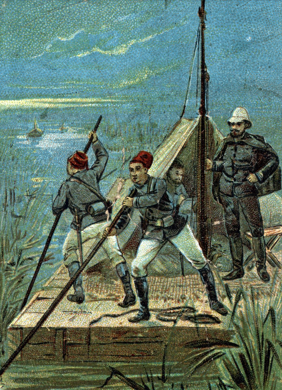 Crossing the marshes of Bahr el Ghazal in Africa by the Marchand mission in 1899. Liebig chromolithography of the 19th century av Unknown artist