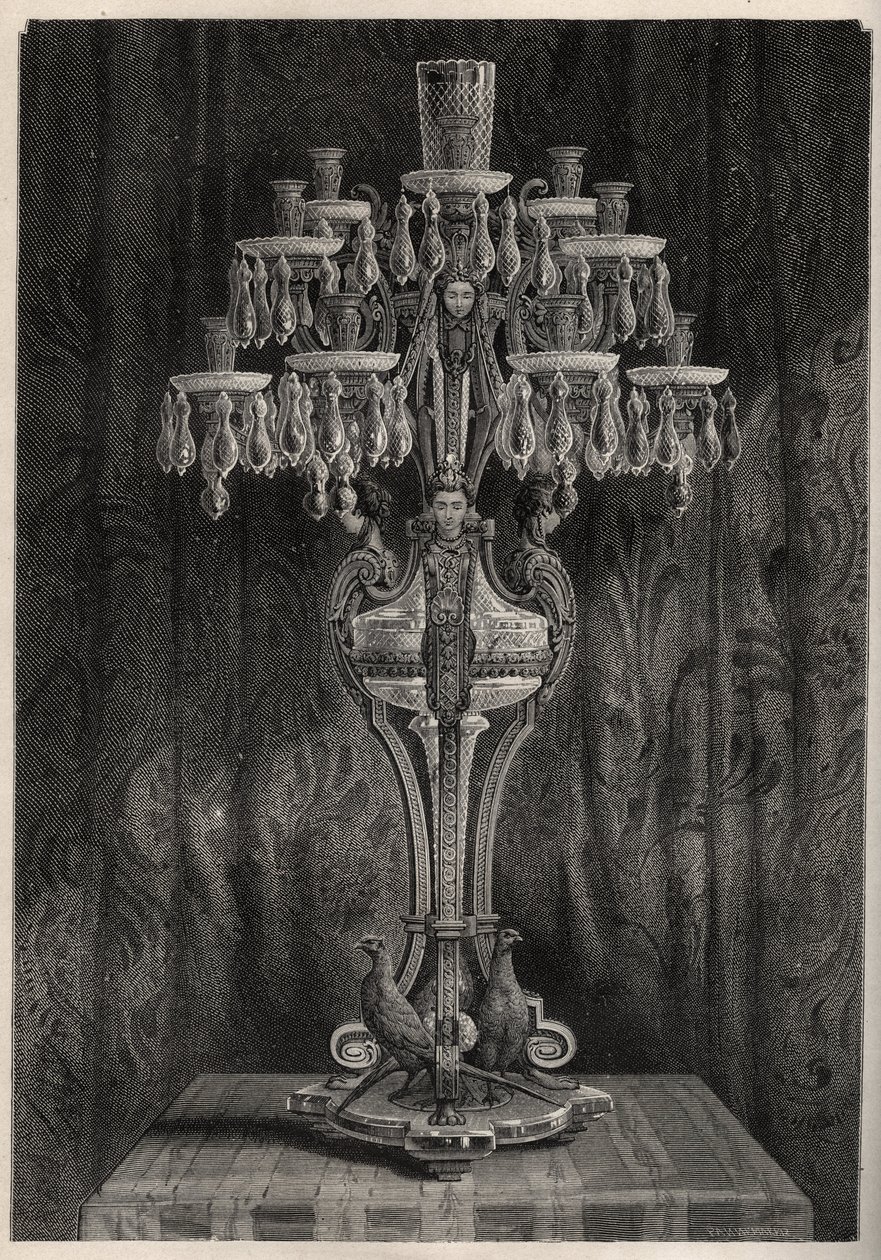Krystallkandelaver fra Baccarat-fabrikken - - gravering i 'Les Merveilles de l'Industrie' av Louis Figuier av Unknown artist