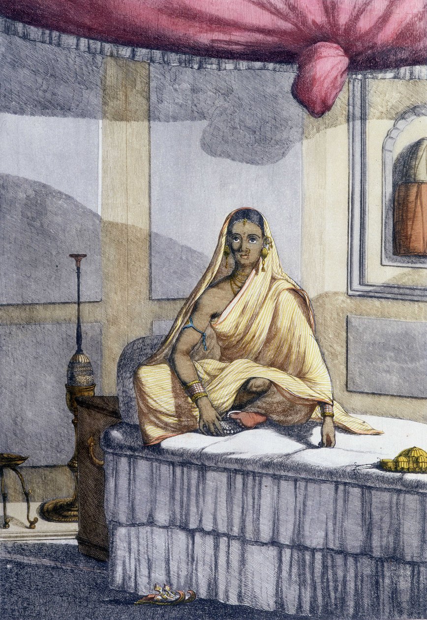 Kultur, sivilisasjon og indisk samfunn: «Utmerkelseskvinne» eller kvinne av høyere kaste. Gravering fra 1808. av Unknown artist