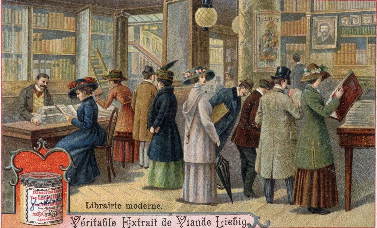Kunder og bokhandler i en moderne bokhandel, sent på 1800-tallet. Kromolitografi, Liebig-bilde. av Unknown artist