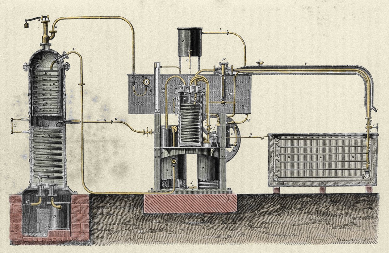 Kutte industriapparatet til Ferdinand Carre (1824-1894) for å lage is. Gravering av 1800-tallet av Unknown artist