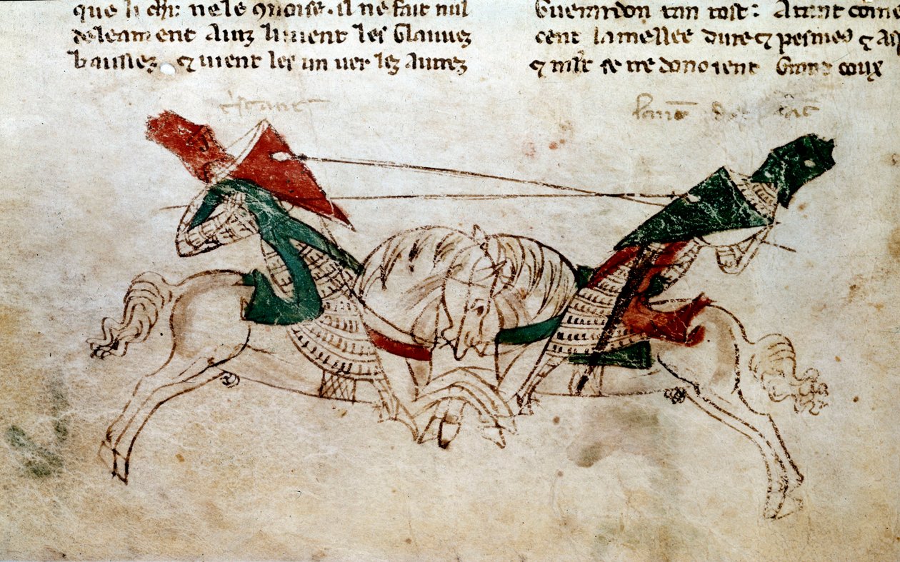 Cycle of King Arthur: "" Battle of Lancelot and Tristan"" Miniatyr hentet fra "" Romanen av Meliadus de Leonnoys: sammen flere andre edle bragder av ridderfaikter av kong Arthur, Palamedes og Galliot de Pre"" av Rustichello (Rustician, Rusticiano) o av Unknown artist
