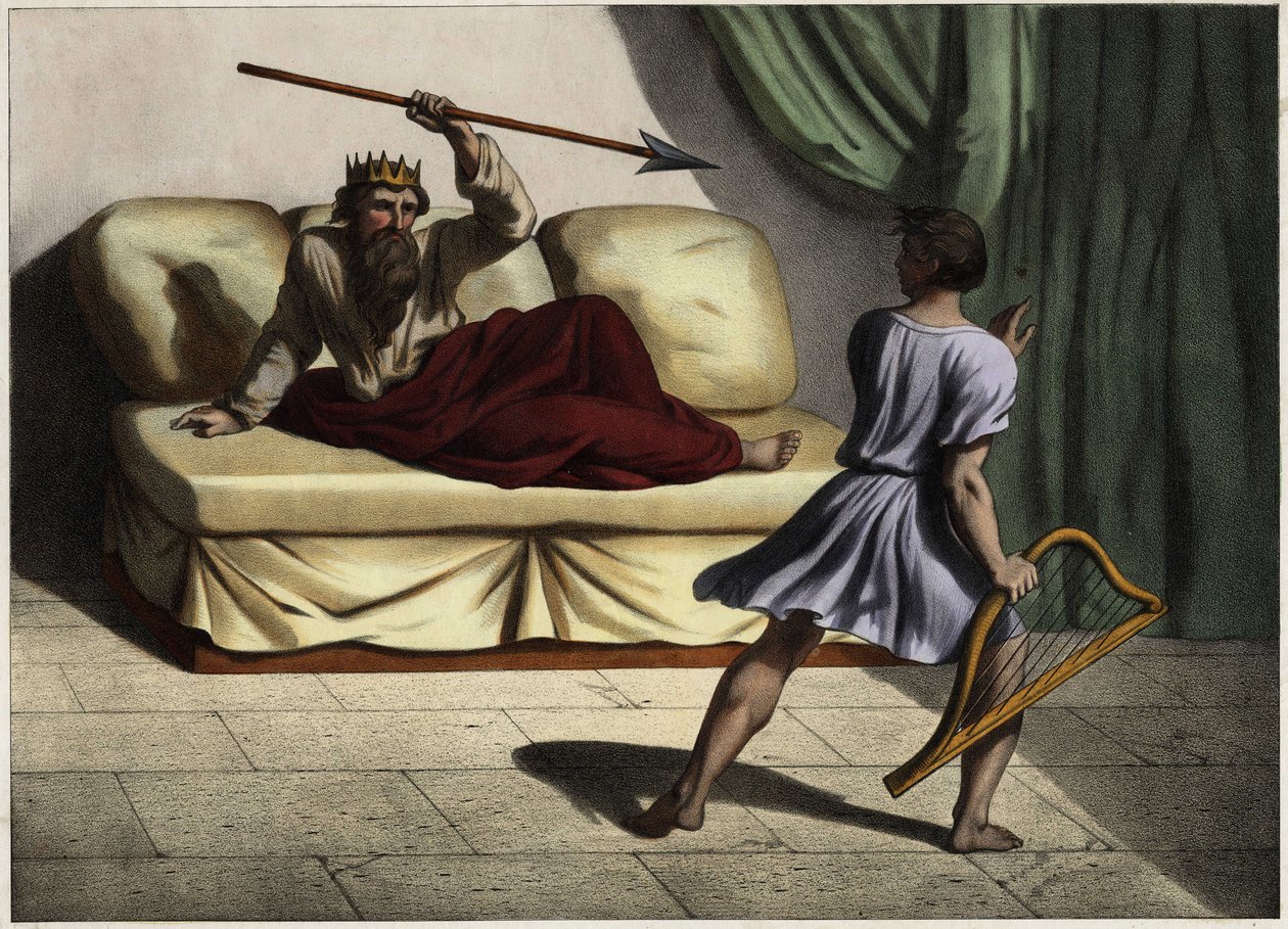 David spilte citar foran kong Saul for å blidgjøre ham. Anonym gravering fra midten av 1800-tallet. av Unknown artist