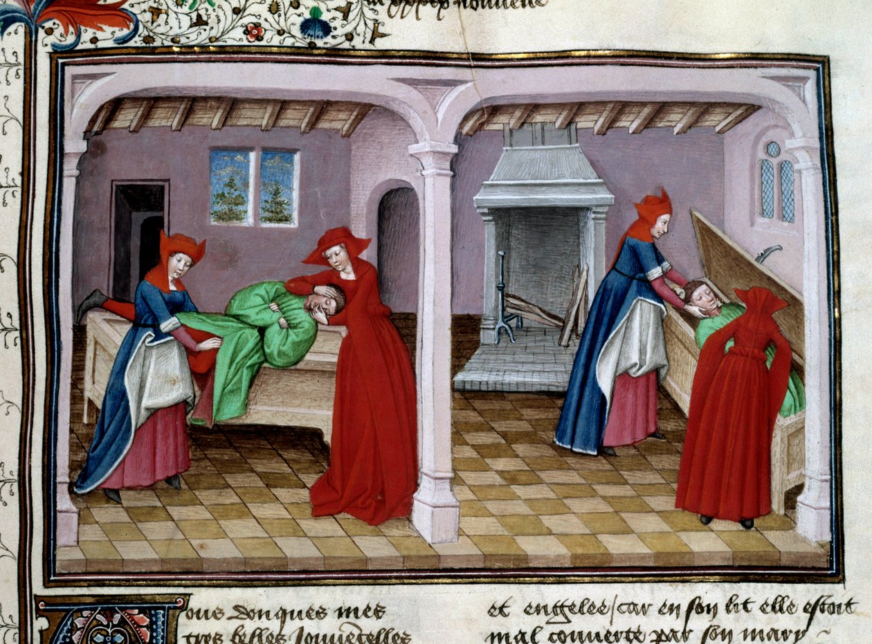 Død En pasient har smerte. Etter hans død blir kroppen hans lagt i en kiste. Miniatyr fra "" Le decameron"" av Jean Boccaccio (Giovanni Boccaccio) (1313-1375) 1450 Paris, Arsenals bibliotek av Unknown artist