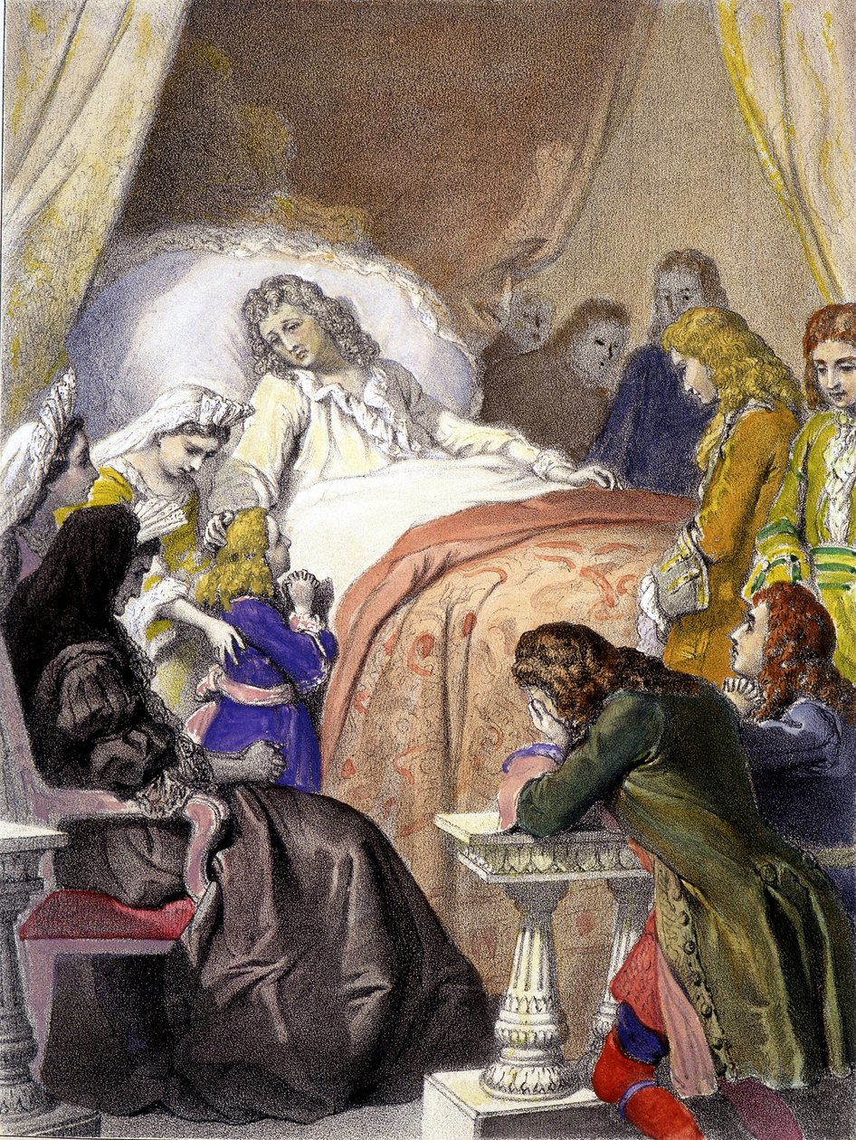 Død av Ludvig XIV (1638-1715), konge av Frankrike, 1. september 1715 i Versailles og fremtidens Ludvig XV (1710-1774). av Unknown artist