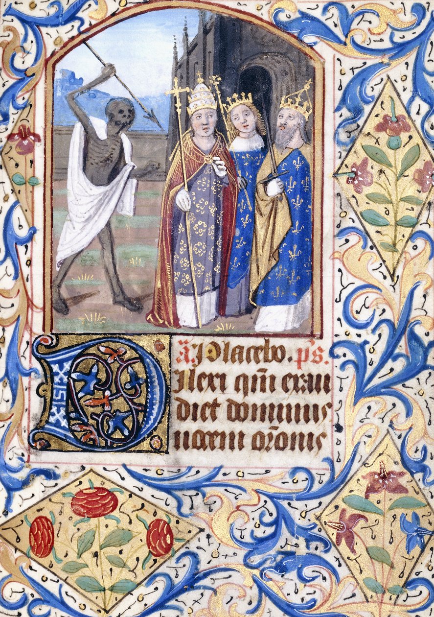 Døden med sitt spyd peker på tre skikkelser, en pave, en konge, en konge og en dronning, stående foran en gotisk kirke, ca. 1470 av Unknown artist