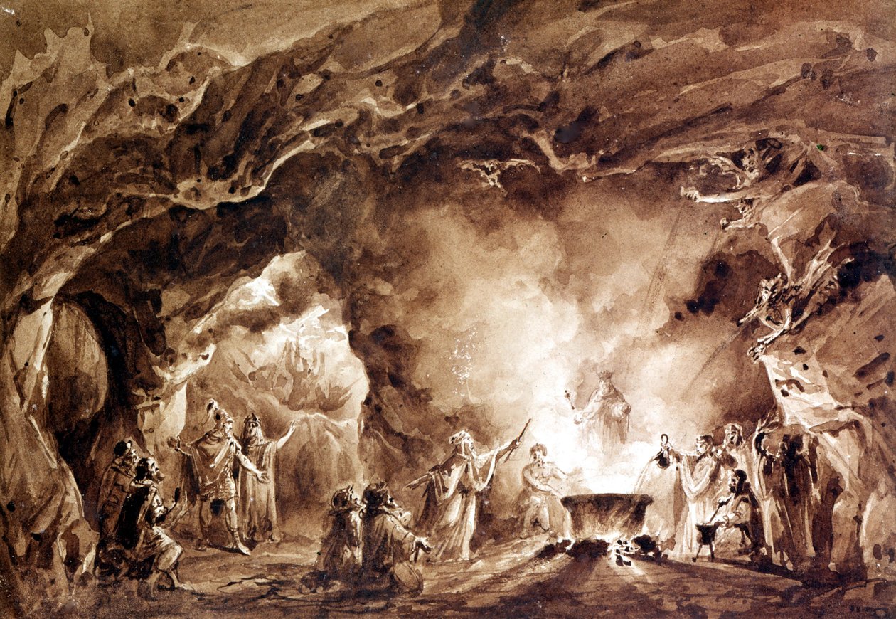 Dekor for operaen "" Macbeth"" komponert av Giuseppe Verdi (1813 - 1901). Aquatinte brukt til omslaget til den første utgaven av 1847. av Unknown artist