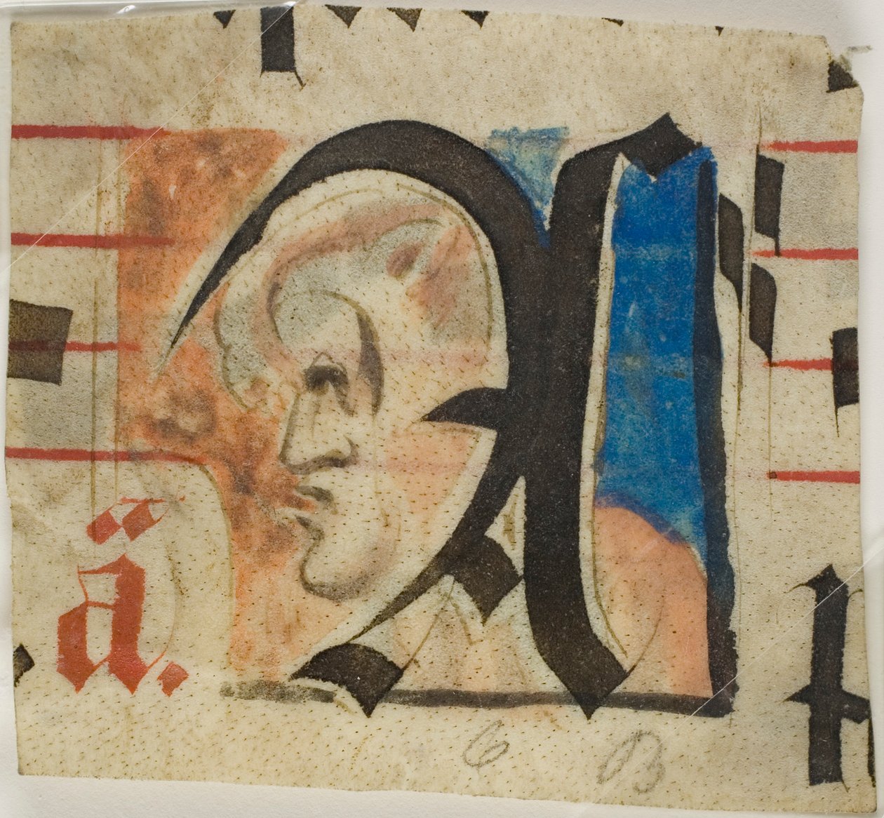 Dekorert initial med grotesk i profil fra en korbok av Unknown artist