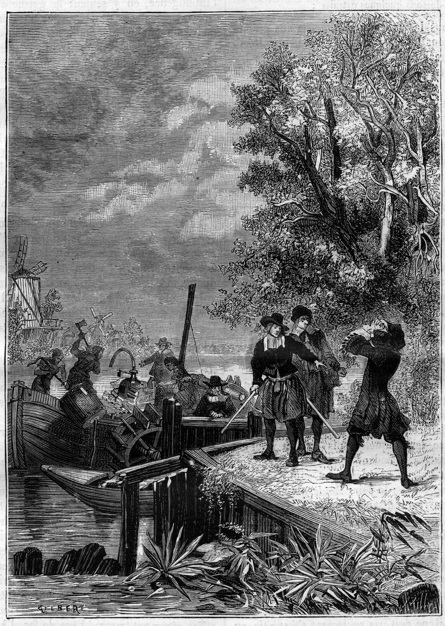 Denis Papin (1647-1712) physicist, mathematician and French inventor, looks at his boat equipped with his new invention, a steam machine system still unknown, destroyed by boatmen to sell some pieces. Engraving in “” La Nature”” av Unknown artist