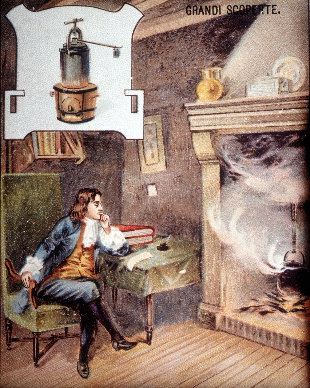 Denis Papin (1647 - 1714) finner opp potten. (forfader til minuttet cocote) 1800-talls kromolitografi. av Unknown artist