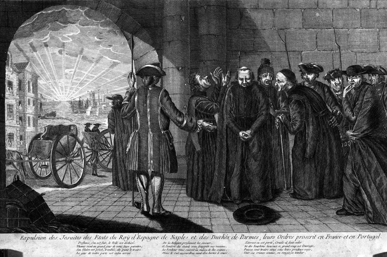 Deportasjon av jesuitene 21.07.1773: Utvisning av jesuiter fra statene til kongen av Spania, Napoli og hertugdømmet Parma, deres ordrer forbudt i Frankrike og Portugal. Gravering fra begynnelsen av 1800-tallet av Unknown artist