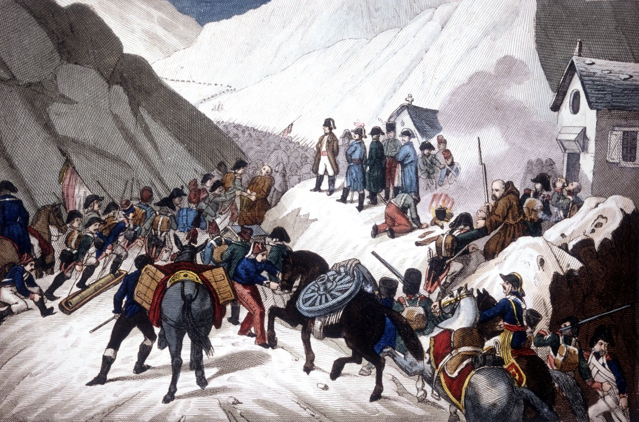 Nedstigning av Napoleon Bonaparte i Italia: krysser fjellet St Bernard av Unknown artist
