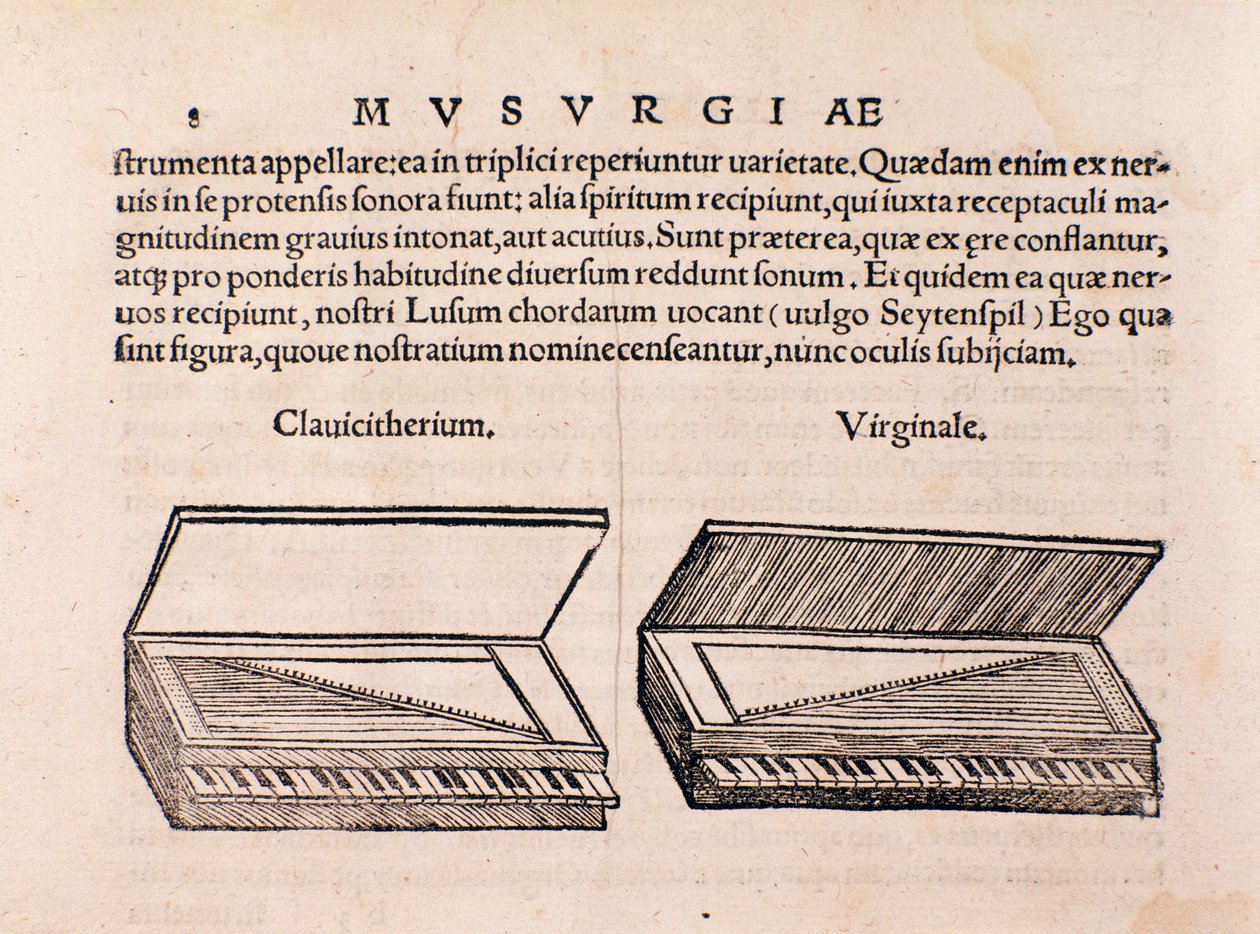 Beskrivelse av cembalo og spinett. Side fra Musurgia eller utøvelse av musikk av Unknown artist