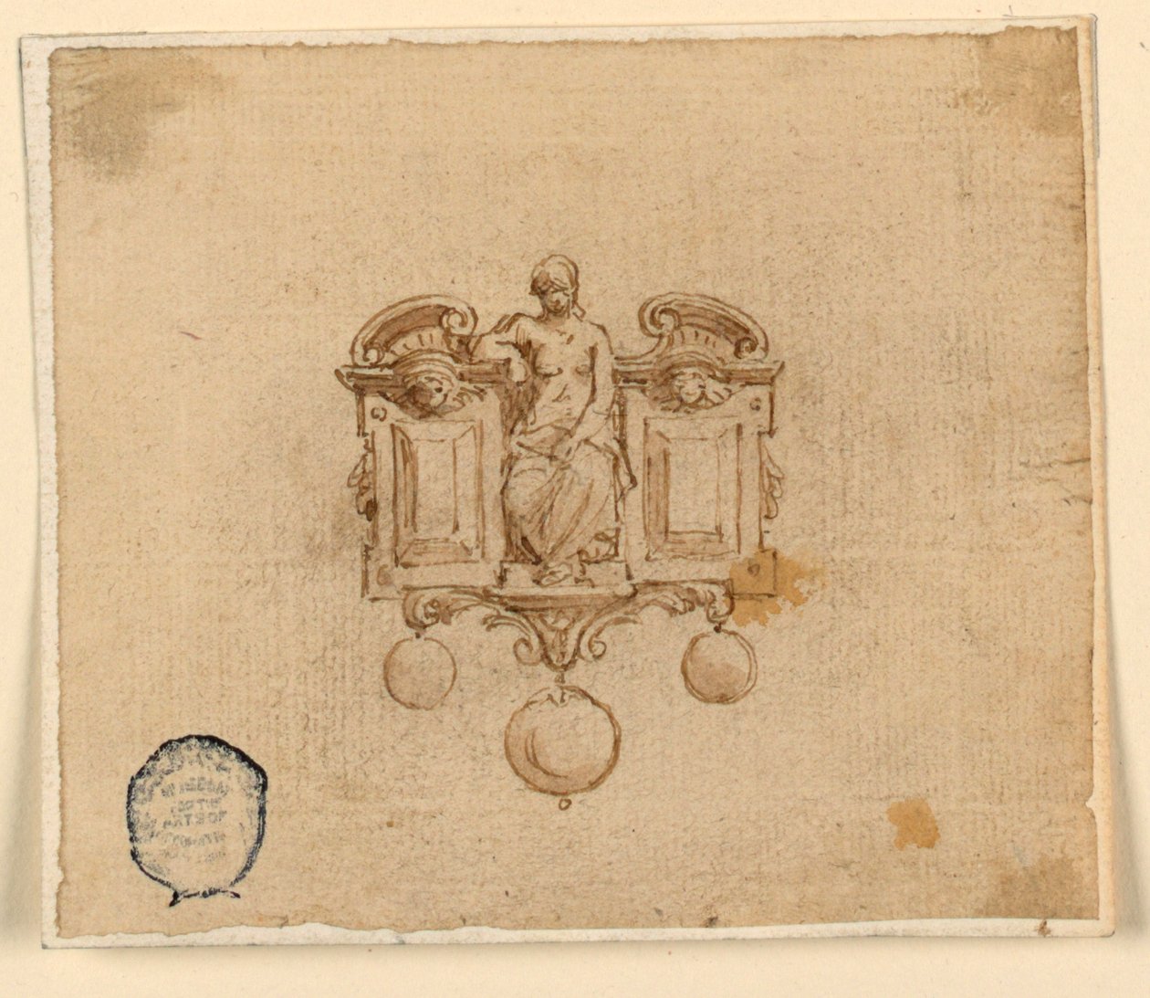 Design for Brosje with Woman in Broken Pedimet av Unknown artist