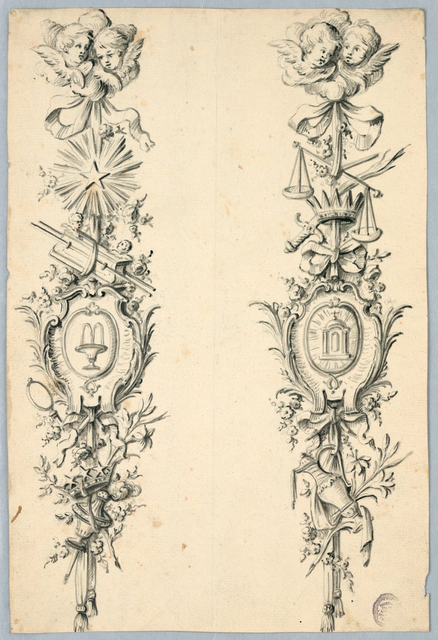 Design for to trofeer som refererer til jomfruen av Unknown artist