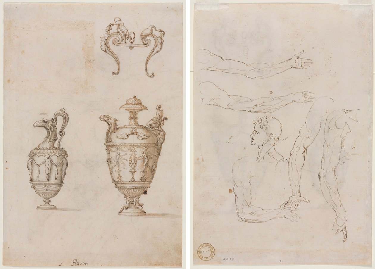 Design for to vaser og et ornament (recto); Skisser av fem armer og et hode (verso) av Unknown artist