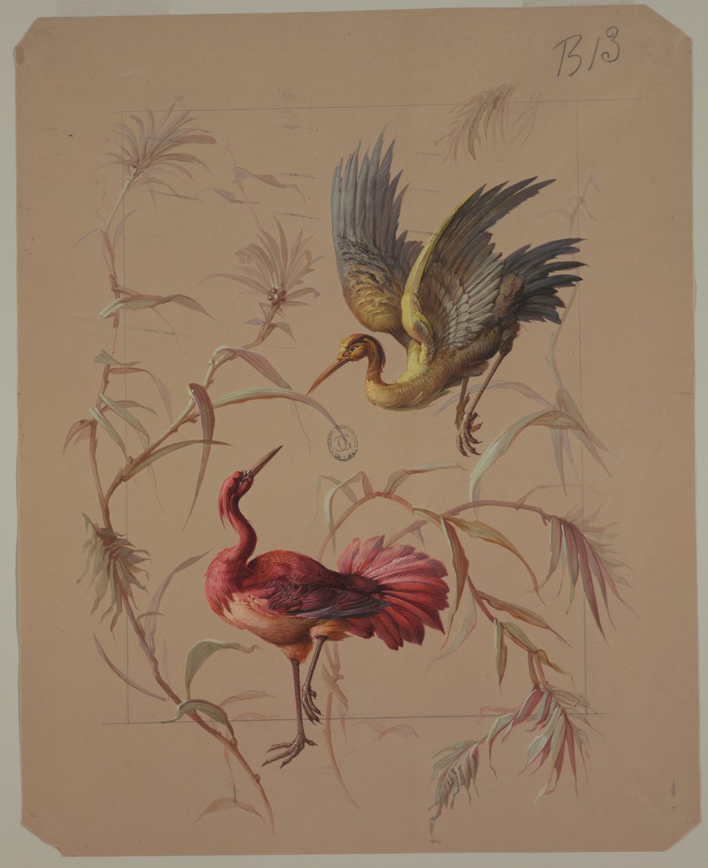 Design for tapet og tekstil: Blomster og fugler av Unknown artist