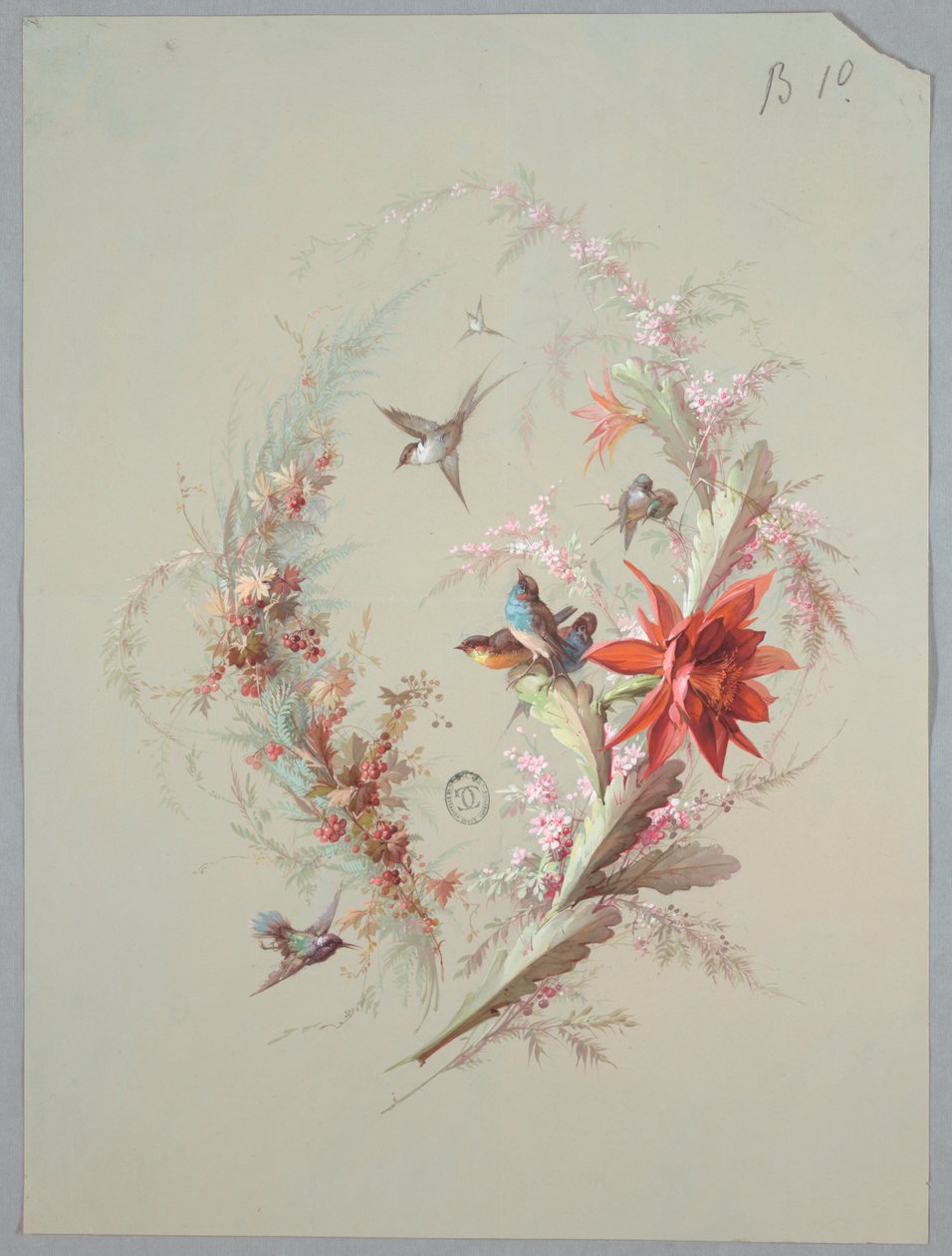 Design for tapet og tekstil: Blomster og fugler av Unknown artist