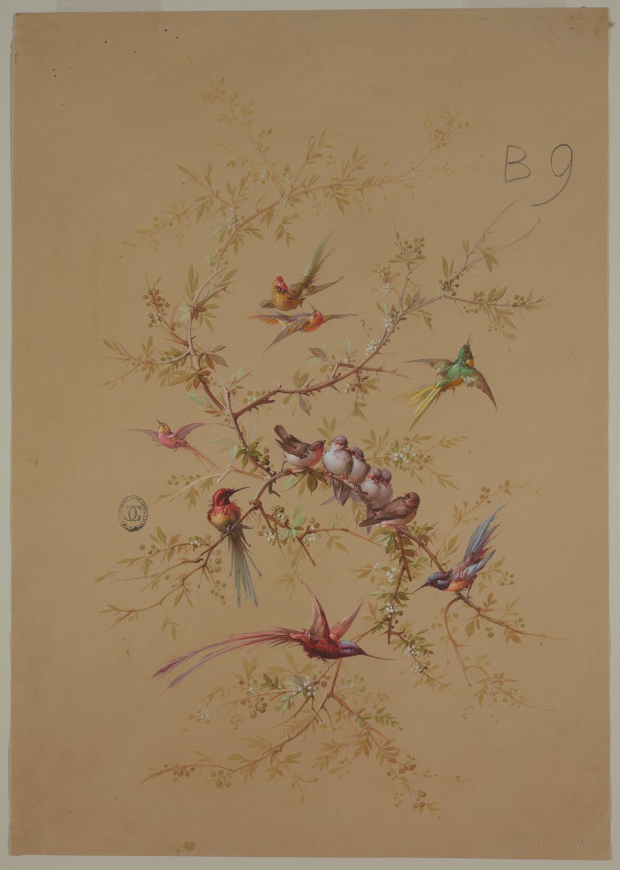 Design for tapet og tekstil: Blomster og fugler av Unknown artist