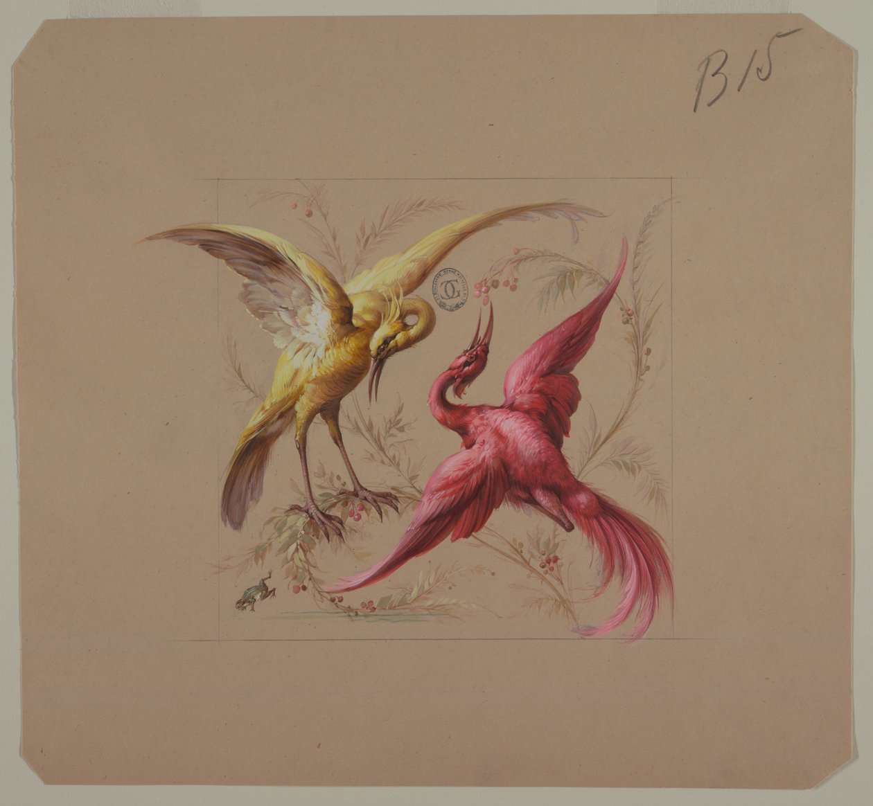 Design for tapet og tekstiler: Blomster og fugler av Unknown artist
