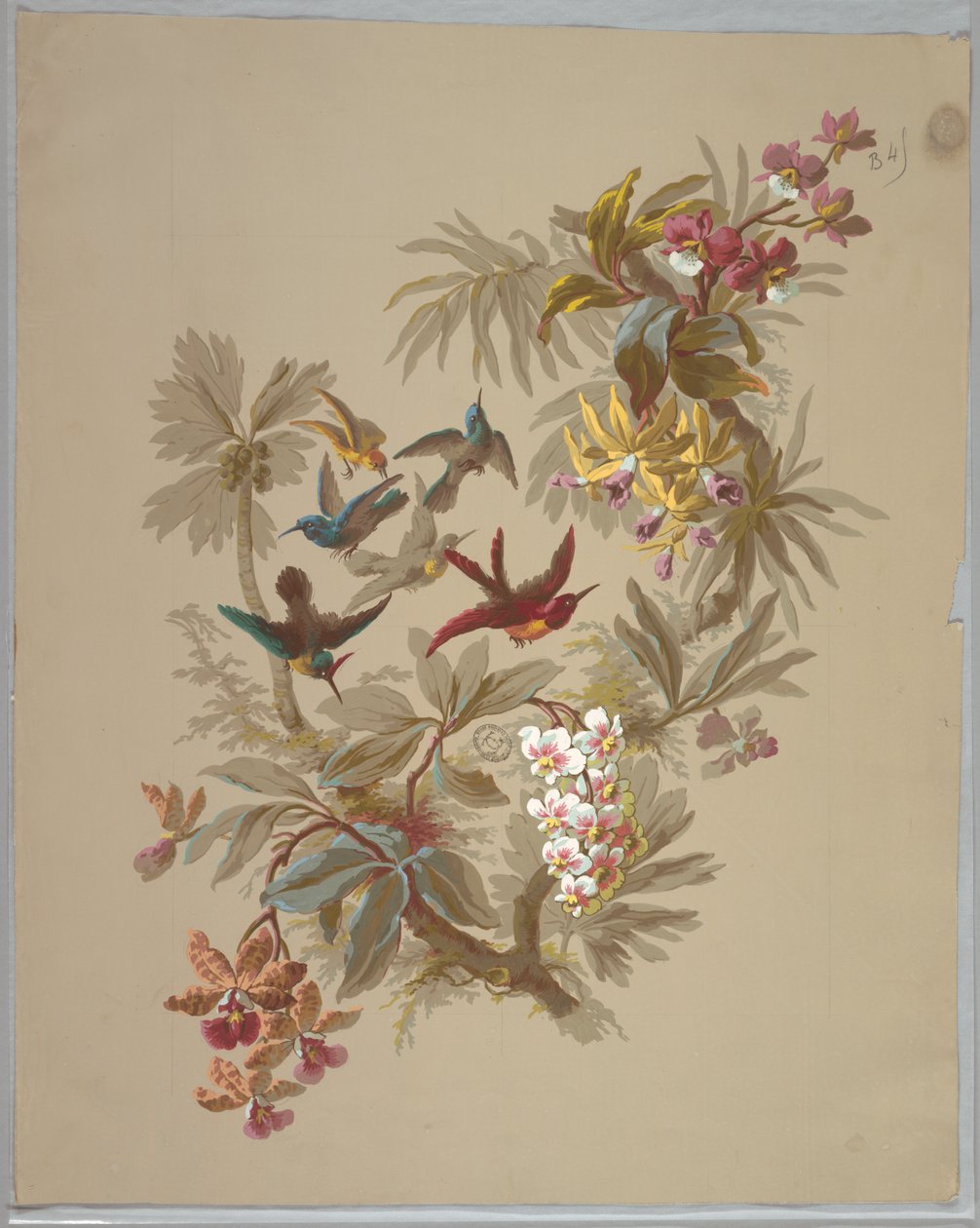 Design for tapet og tekstiler: Blomster og fugler av Unknown artist