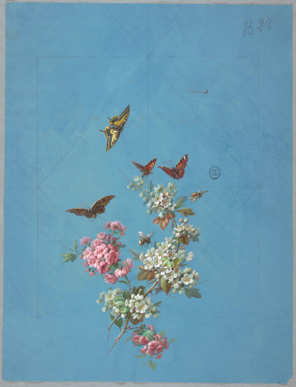 Design for tapet og tekstiler: Blomster og sommerfugler av Unknown artist