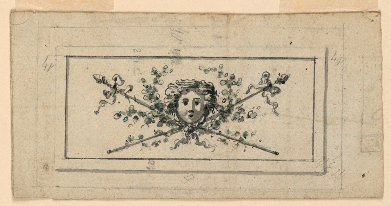 Design for et panel med et hode foran to kryssede thyrsi av Unknown artist