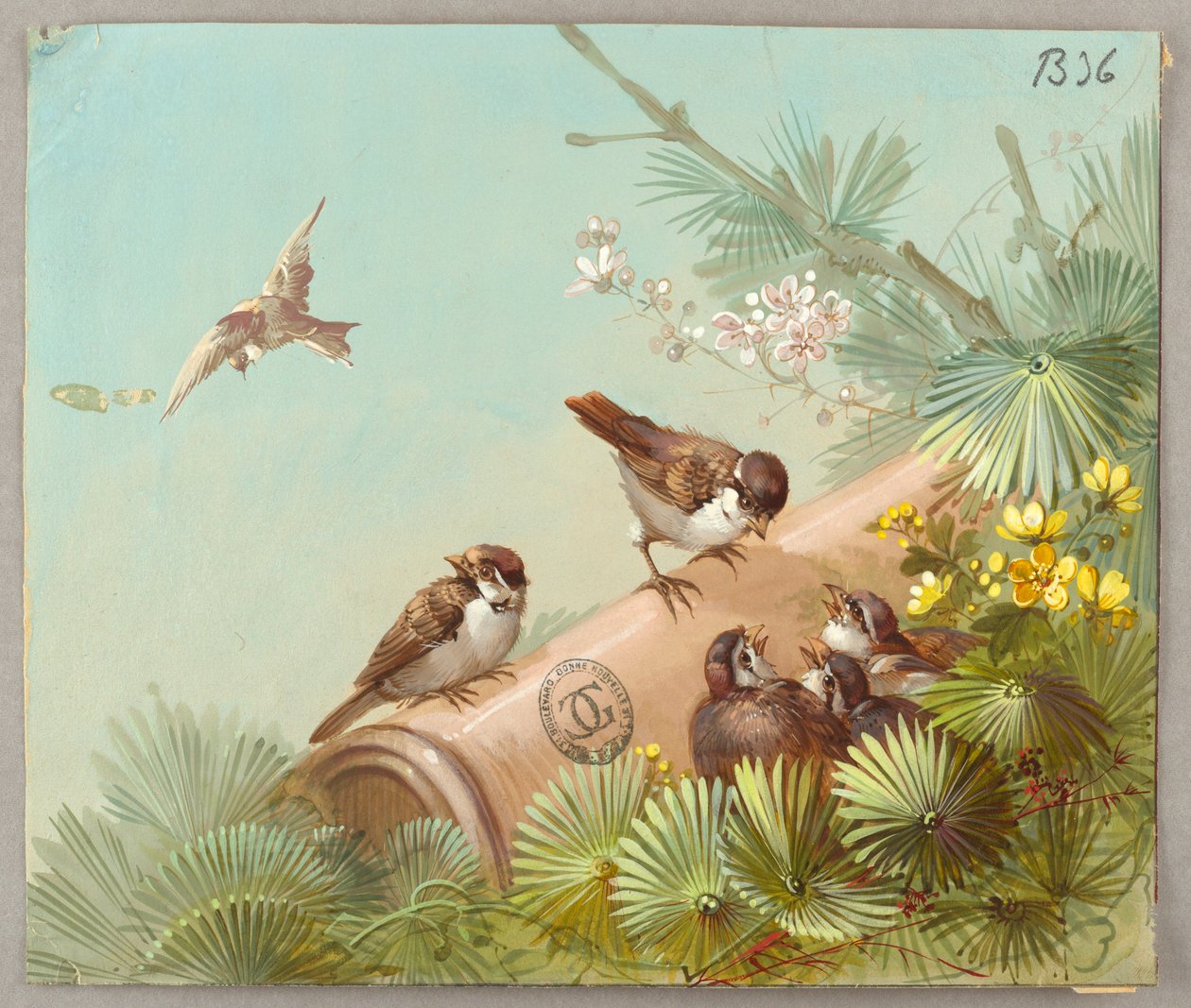 Design for tapet og tekstiler: blomster og fugler av Unknown artist