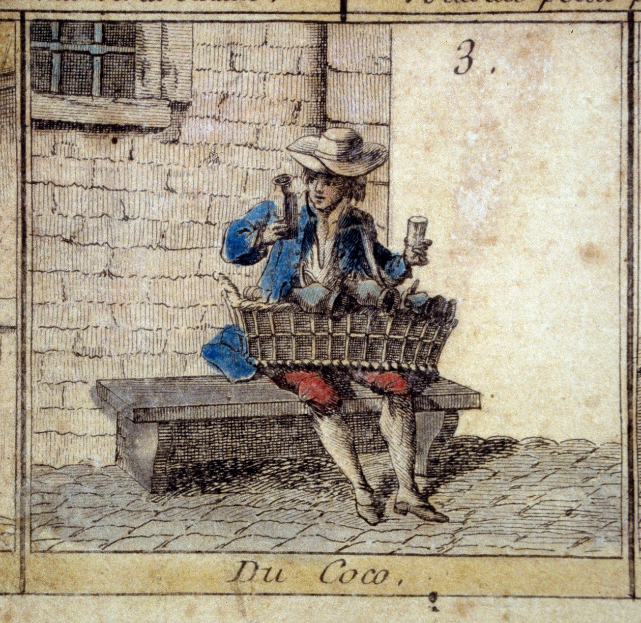 Detalj av spillet til Cree of Paris-gåsen: kokosnøtthandleren (selger pyntegjenstander). Gravering fra 1700-tallet. Coll. Reise. av Unknown artist