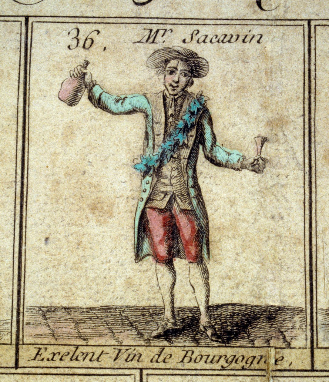 Detalj av spillet til Goose of the Cree of Paris: Mr Sacavin, vindrikker fra Bourgogne. Gravering fra 1700-tallet. Coll. Gå. av Unknown artist