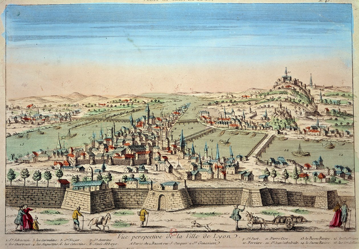 Detaljvisning av byen Lyon ved bredden av Rhone og Saone. Gravering av 1600-tallets Paris B.N. av Unknown artist