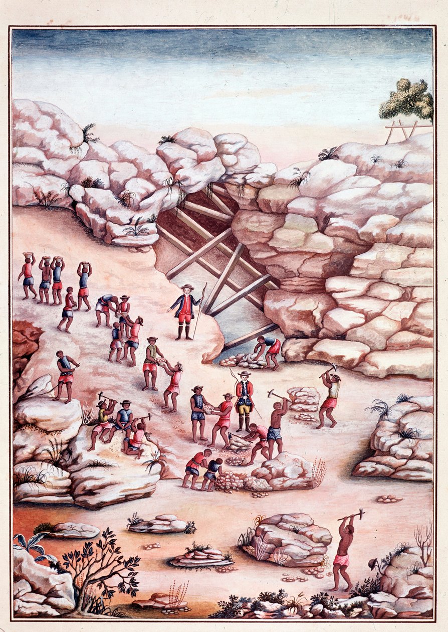 Diamantgruvedrift i en gruve i Brasil. Akvarell fra 1700-tallets Rio de Janeiro, Biblioteca Nazionale av Unknown artist